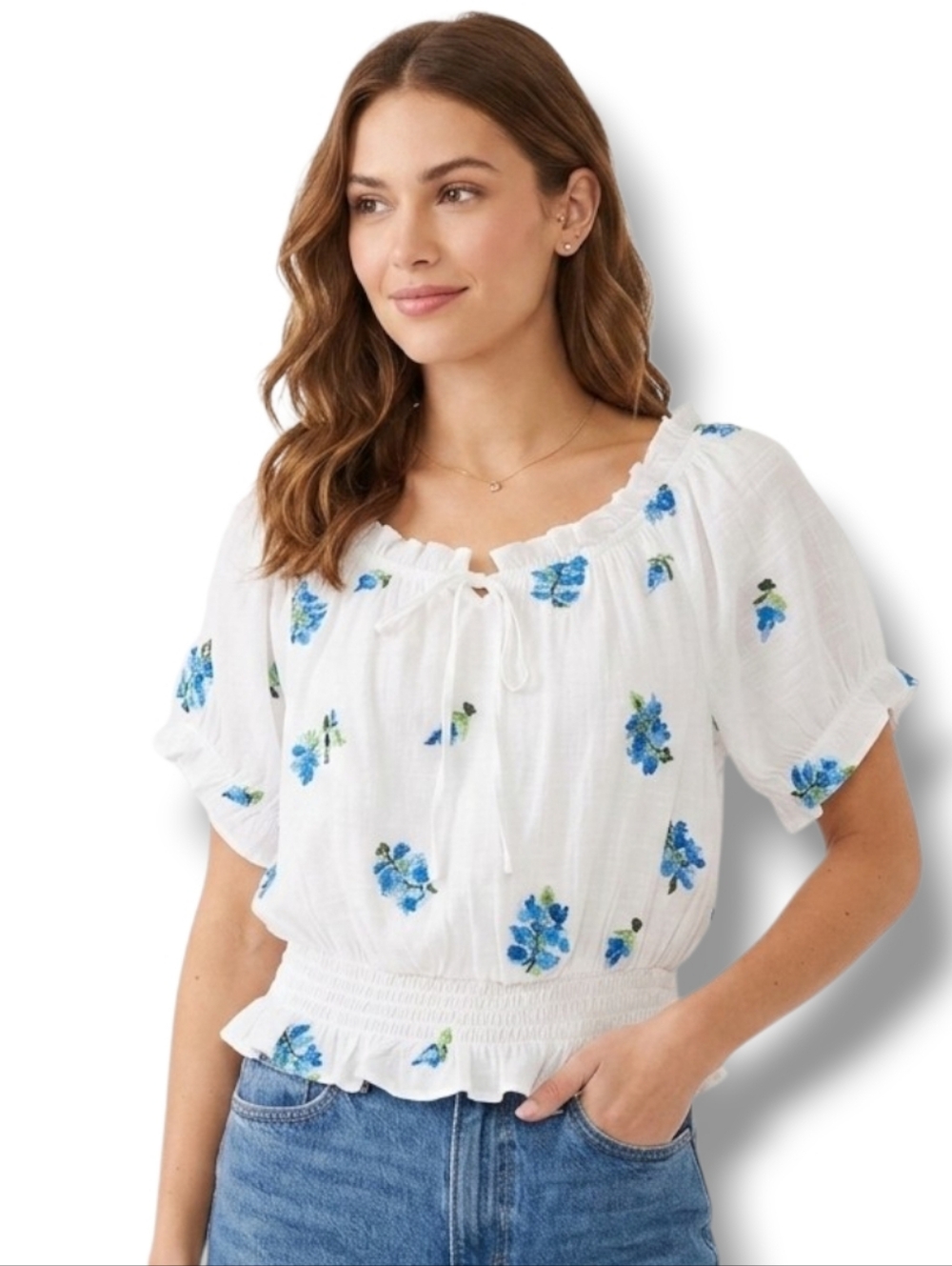 Meraki Women’s White Blue Floral Boho Peasant Blouse - Medium